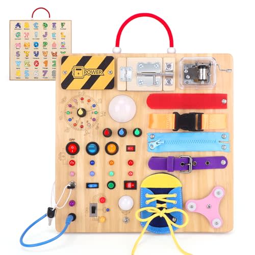 Iabedi Busy Board,Montessori Toys for 1-3 Years Old, Wooden Toddler Toys, Autism Sensory Travel Toys, Ideal Gift for 1+ Year Old Boys (Busy Board Plus v3)