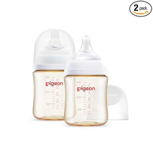 Pigeon PPSU Nursing Baby Bottle Wide Neck, Anti-Colic, Streamlined Body, Natural Feel, Easy to Clean, 5.4 Oz(Pack of 2), Includes 2pcs SS Nipples (0m+)
