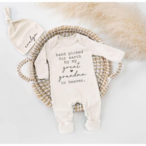 Hand picked for earth by my great grandma in heaven Baby Shower Gift personalized Baby bodysuit and hat set Newborn Baby outfit