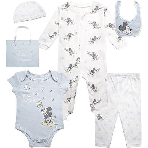 Disney Newborn Baby Girl Boy Clothes - 7 Piece Mickey Mouse Winnie the Pooh Bib Onesie Overall Beanie Pants Gift Bag Gift Set