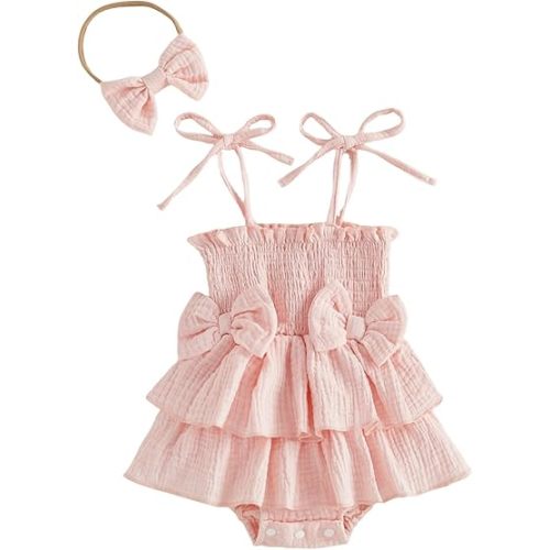 Thorn Tree Baby Girl Summer Clothes Newborn Outfit Ruffle Romper Infant Baby Dress Bow Headband Solid Cute Outfits Girls
