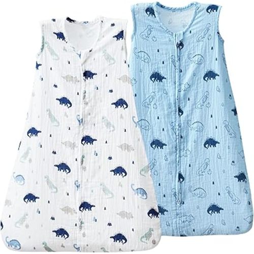 david's kids Muslin Cotton Baby Sleep Sack 0-6 Months, 2 Pack 100% Cotton Sleeping Bag for Summer, TOG 0.5 Baby Wearable Blankets with 2-Way Zipper, Soft Sleep Sacks for Newborn Infant, Dinosaur