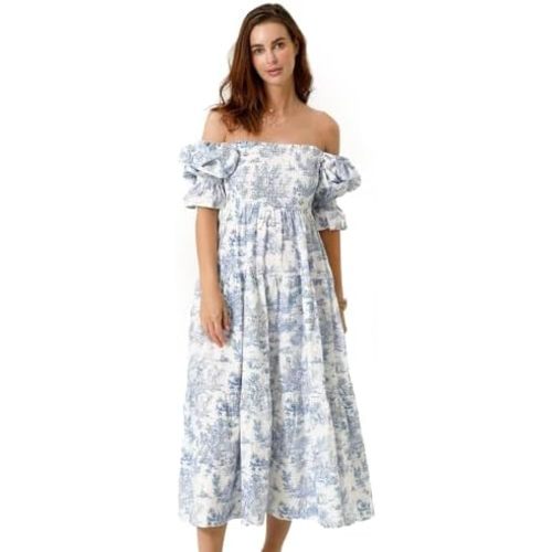 NOTHING FITS BUT Women’s Cotton Linen Kiko Pregnancy Maternity Dress, Casual Floral Maxi Maternity Gown for Baby Shower