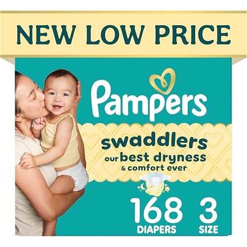 Pañales Pampers Swaddlers, talla 3 (5.9-11.8 kg), 168 unidades, absorbentes, mantiene al bebé seco y cómodo, pañal desechable seguro para la piel (el embalaje puede variar)