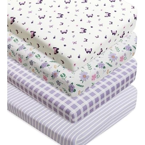4 Pack Butterfly Baby Crib Sheets for Baby Girls Purple Crib Fitted Sheets for Standard Size Crib and Toddler Mattress Soft and Breathable (Crib)