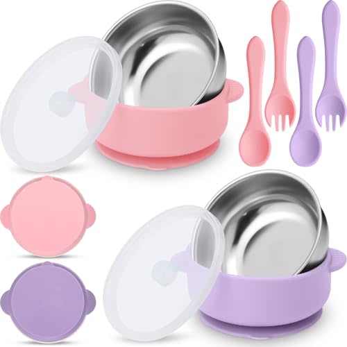 Nuogo 2 Sets 304 Stainless Steel Baby Bowls with Removable Silicone Shell Toddler Bowls with Suction Kids Bowls with Lids Spoons and Fork Anti Scald, Dishwasher Safe (Pink,Purple)