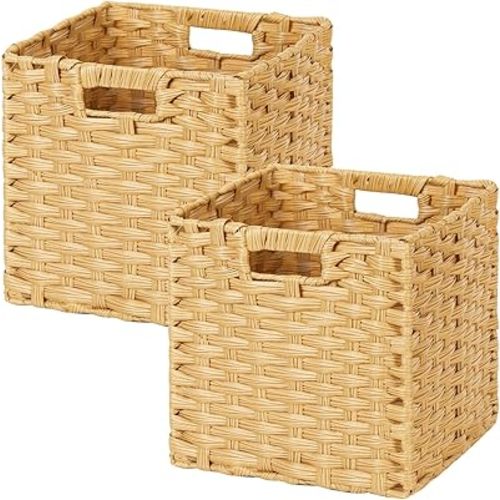 DULLEMELO Wicker Storage Baskets with Handles, Foldable Storage Cubes Set of 2 Plastic Wicker Baskets for Organizing Shelves,11 Inch Cube Baskets, Natural