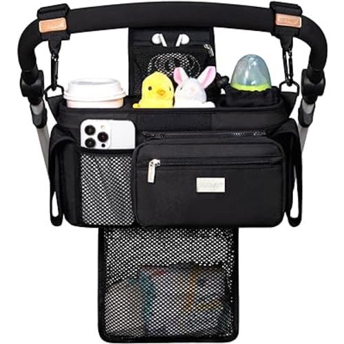 TOPDesign Universal Baby Stroller Organizer, Stroller Caddy with Detachable Mesh Bag & Heightened Insulated Cup Holders & Non-Slip Secure Hooks Accessories, Fits Most Strollers (Black)