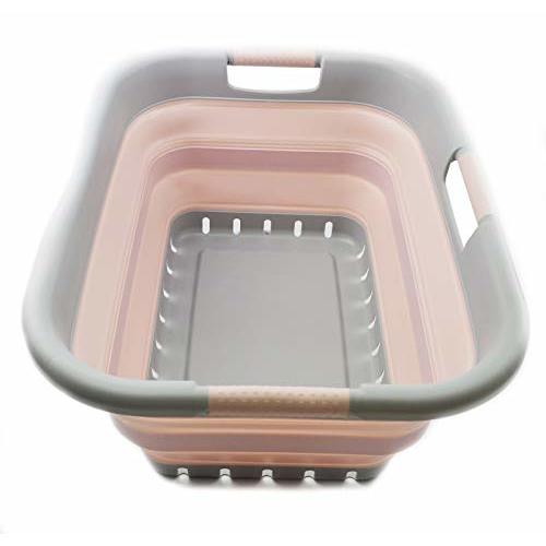 SAMMART 41L Collapsible Plastic Laundry Basket - Foldable Pop Up Storage Container/Organizer - Portable Basket - Space Saving Hamper/Basket (3 handled rectangular, Grey/Pink)