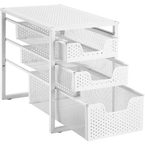 Simple Trending 3-Tier Under Sink Cabinet Organizer with Sliding Storage Drawer, Desktop Organizer for Kitchen Bathroom Office, Stackbale,White