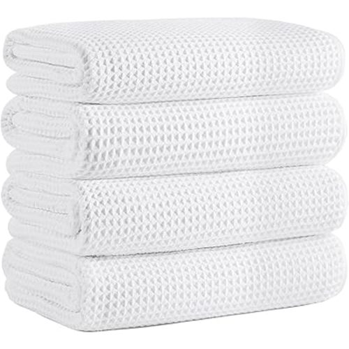 Microfiber Waffle Bath Towels, 4 Pieces, Soft, Absorbent, Fast Drying, Lint Free 430 GSM (White)