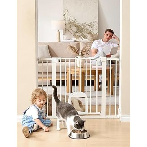 Babelio Baby Gate with Adjustable Cat Door,29-43" Auto Close Durable Pet door for Stairs,Doorways and House,Pressure Mounted,Easy Install,Effortless Walk Thru,White