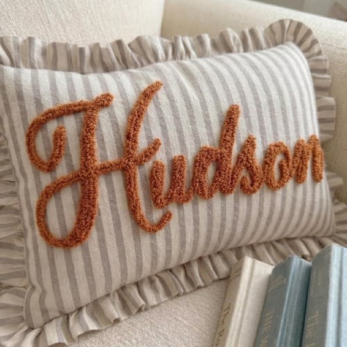 Personalized Baby Boy Name Pillow for Toddler, Custom Beige Striped Punch Needle Ruffled Pillow, Nursery Room Decoration, Newborn Boy Gift