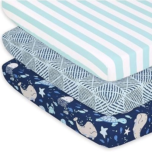 The Peanutshell 3-Pack Fitted Playard Sheets - Soft & Breathable Baby Boy or Girl Mini Crib Sheets, Pack N Play Mattress, Fits Standard Playard Pack Play Mattresses - Sealife