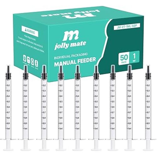 JollyMate 50 Pack 1ml Syringes for Liquid, 1cc Oral Syringes without Needle with Cap Individually Wrapped for Pet Feeding, Scientific Labs, Measuring Liquids, Oil & Glue Dispenser