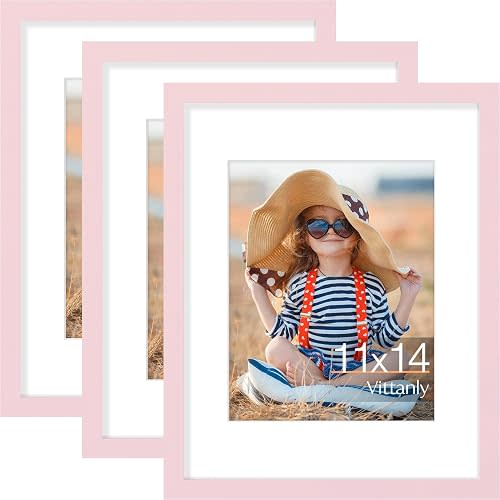 Vittanly 11x14 Picture Frame Set of 3, Display Pictures 8x10 with Mat or 11x14 without Mat for Wall Mounting, Photo Frames for Home Decor, Engineered Wood, Pale Pink