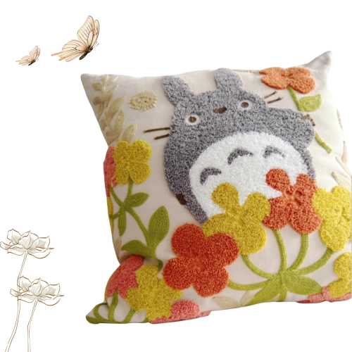 My Neighbor Totoro Inspired Embroidered Zipper Throw Cushion Pillow Cover, Ghibli Decorative Embroidered Pillow, Ghibli Anime Japan