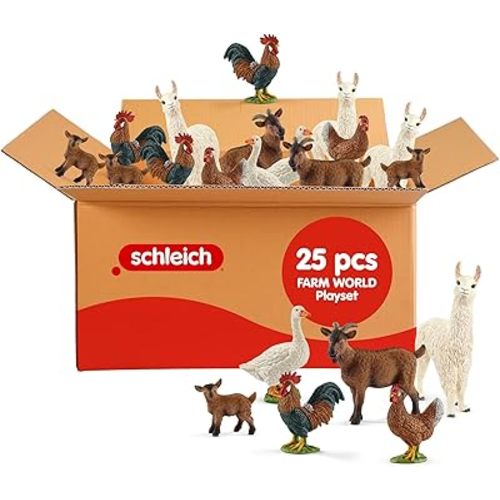 Schleich Farm World - 25 PC Farm Animal Playset - Realistic Barnyard Animal Bundle with Roosters, Hens, Goats and Geese - Educational Toys for Kids 3+