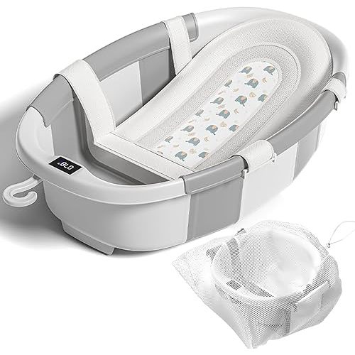 Collapsible Baby Bathtub with Soft Cushion and Thermometer, Newborn to Toddler Tub 0-36 Months with Toy Storage Mesh Bag, Portable Travel Bath for Infants (Grey)