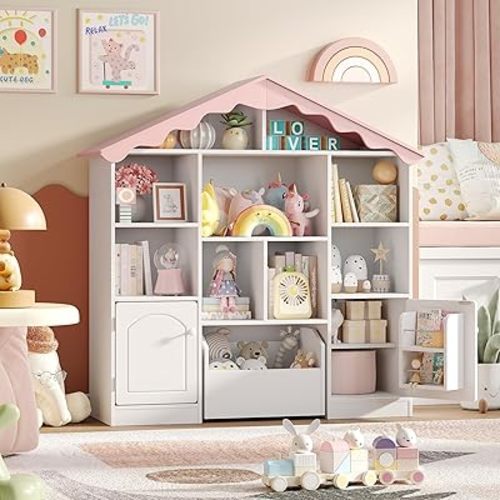 Vabches 42.9'' House-Shaped Kids Bookshelf with Pink Wavy Roof, Toy Storage Organizer with Movable Drawer and 9 Storage Cubbies, Multifunctional Storage Cabinet Toy Shelf for Bedroom Nursery Playroom