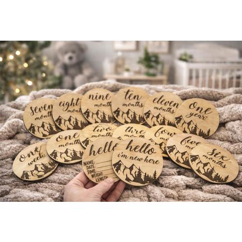 Engraved Wood Baby Milestone Cards – Mountain Design, Newborn Photo Props