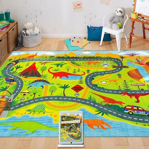 KC Cubs 5x7 Dinosaur Toy Car Dino Road Rug – Educational Play Mat Carpet for Kids, Toddlers, Nursery, Classroom, Playroom, Baby Daycare, Boys & Girls