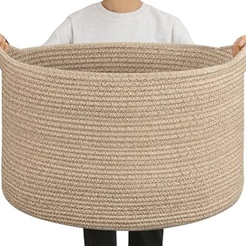 OIAHOMY 90L Large Blanket Basket with Handle, Blanket Storage for Living Room 23" x 23" x 13", Laundry Basket for Blankets, Pillows, Large Woven Rope Baskets for Kids, Dogs Toys - Brown