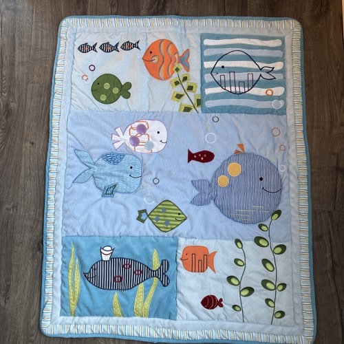 Lambs & Ivy Oceania Crib Comforter QUILT Whale/Fish Blue/Gray/White