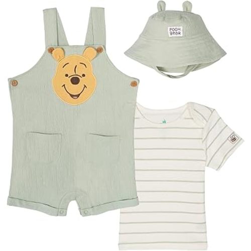 Disney Winnie the Pooh Baby Short Overalls, T-Shirt & Hat 3 Piece Outfit Set Newborn to Infant Sizes (0-24 Months)