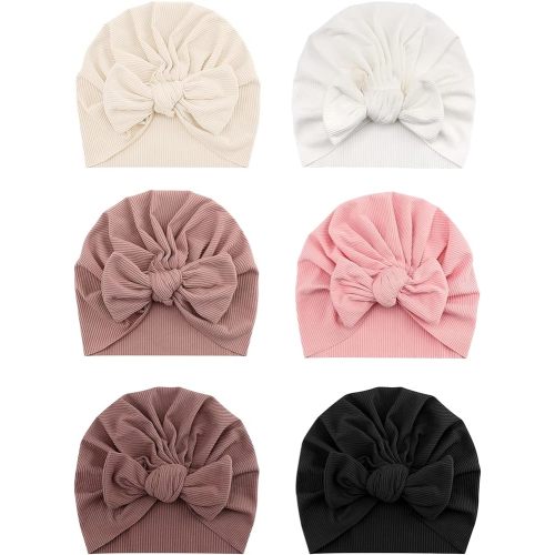 ZURLEFY 6 PCS Cotton Baby Hat with Bows for Girls, Pink Stretchy Baby Turban Hat for Toddler Infant Caps (17-10H)