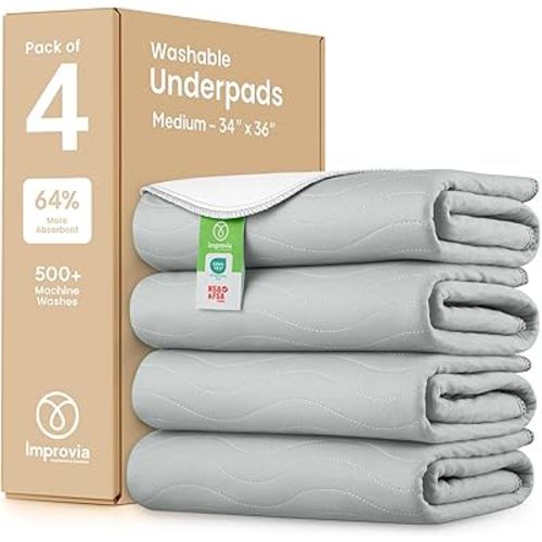 IMPROVIA® Washable Underpads, Heavy Absorbency Reusable Incontinence Pads for Kids, Adults, Elderly, and Pets, Waterproof Protection Floor (Gray, 34"x36" (Pack of 4))