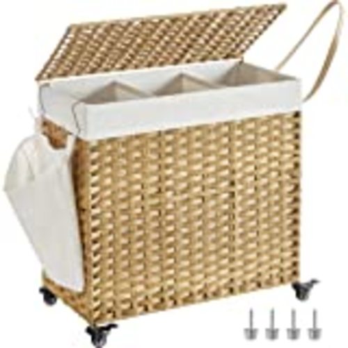 Amazon.com: SONGMICS Laundry Hamper with Lid, 130L Clothes Hamper with 2 Removable Liner Bags & 6 Mesh Bags, Wicker Laundry Basket, Double Laundry Hamper for Bathroom, 13 x 26 x 23.6 Inches, Natural ULCB253N01 : Home & Kitchen