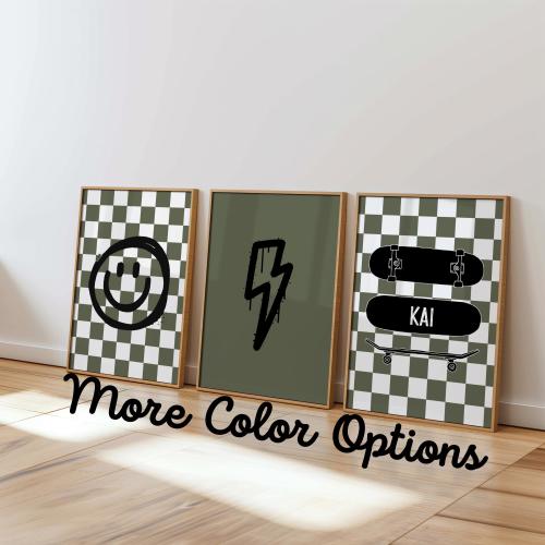 Set of 3 Skateboard Nursery Wall Art Prints, Personalized Retro Checkered Decor for Kids, Graffiti Smiley Face, Rad Little Dude Nursery