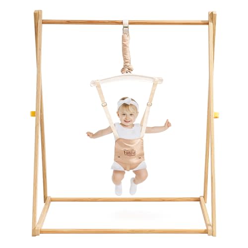 FUNLIO Montessori Wooden Baby Jumper with Stand for 6-36 Months, Adjustable Baby Bouncer for Indoor/Outdoor Play, Foldable Toddler Jumper for Baby Girl/Boy, Easy to Assemble & Store