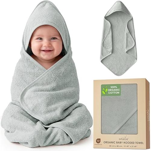 infancie 100% Organic Cotton Plush Woven Hooded Baby Bath Towels - Soft and Absorbent 31x31 Inches for Newborns and Kids, Baby Hood Towels for Newborn, Premium Infant Towels (Moos Green)