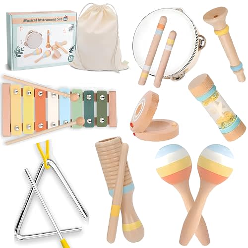 𝐓𝐨𝐝𝐝𝐥𝐞𝐫𝐬 9-in-1 Baby Musical Instruments Set, Montessori Wooden Music Toys Includes Xylophone, Tambourine, Drumsticks & Triangle. Boho Percussion Set for Preschool Learning, BPA-Free, Ages 1–3