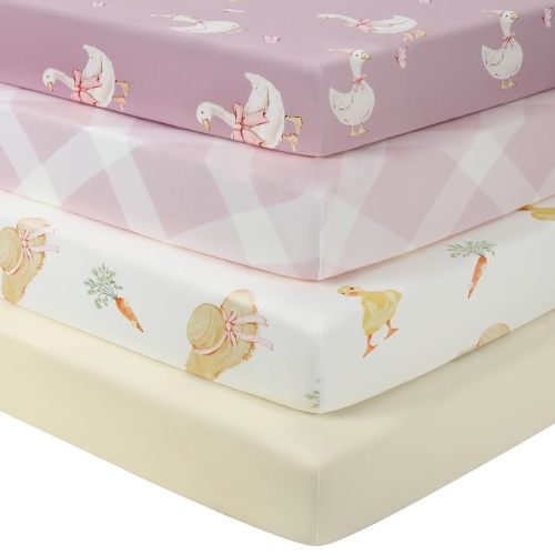 Baby Crib Sheets Girl, Toddler Bed Sheets Fitted for 52”x28”Standard Crib and Toddler Mattresses, 4 Pack Soft Breathable Stretchy Sunny Farmyard Waddle