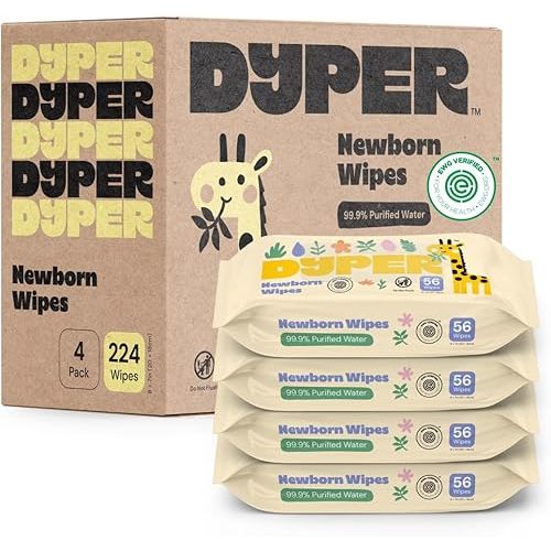 DYPER 99.9% Water-Based Baby Wipes, Hypoallergenic & Unscented Baby Wipes, Made from Plant-Based Material, Gentle for Sensitive Skin, Plastic-Free Wet Wipes, Pack of 4 (224 Count)