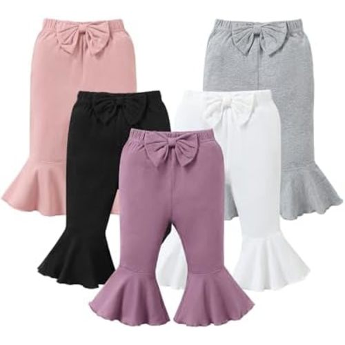 5 Pack Toddler Baby Girl Pants Leggings Bow Flare Infant Pants Solid Cotton Toddler Bell Bottoms Leggings