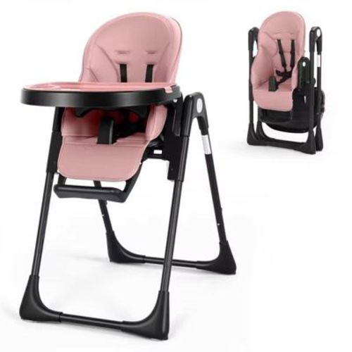 TODECARE Foldable High Chair with Soft Cushion, Height Adjustable Toddler Eating Chair with Detachable Double Trays, Pink&Black
