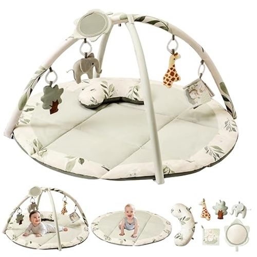 Fortella Baby Play Gym & Activity Mat, Machine Washable & Foldable Tummy Time Mat with 5 Detachable Toys, Certified Safe Newborn Essentials Gift for Baby Registry 0-12 Months (Sage Green)