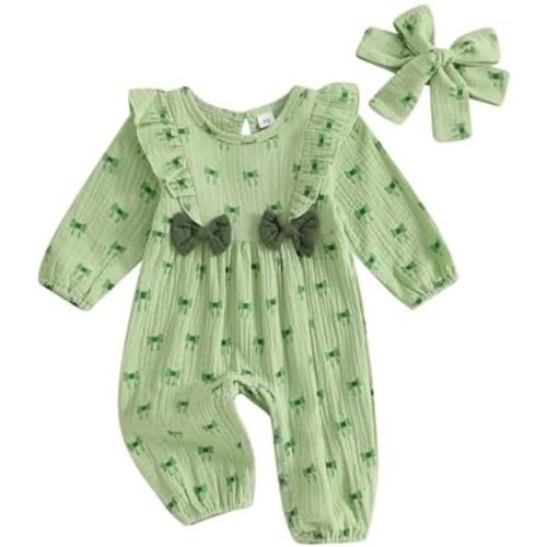 Lamuusaa Newborn Baby Girl St Patricks Day Outfit Long Sleeve Bow Four Leaf Clover Romper Ruffle Jumpsuit Headband