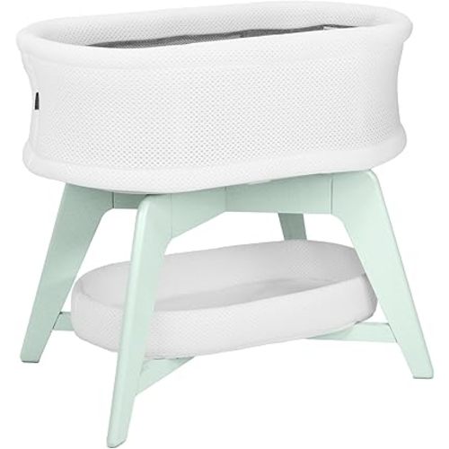 Evi Smart Baby Bassinet Beside Sleeper with Auto-Glide, Ambient Nightlight & Sensory Sounds, Compatible with Alexa and Google Home, Includes 2 Sheets (White w/Mint Green Base)