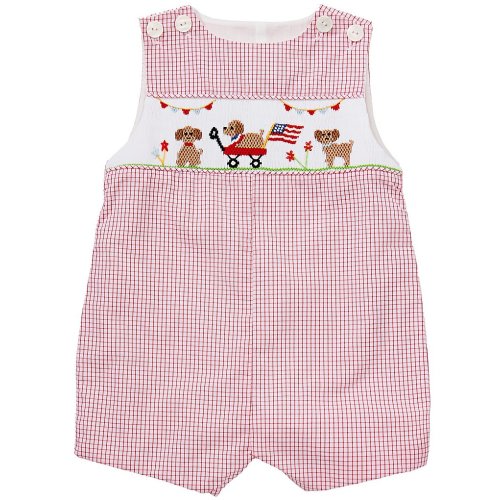 Petit Ami Baby Boys Sleeveless Gingham Smocked Patriotic Dog Parade Jon Jon Shortall