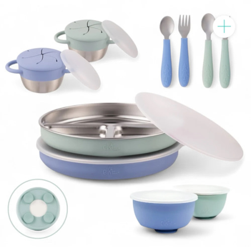 Stainless Steel Mealtime Bundle | Plates, Bowls, Snack Cups + Toddler Utensils | Suction Sleeves | Sage/MistyBlue
