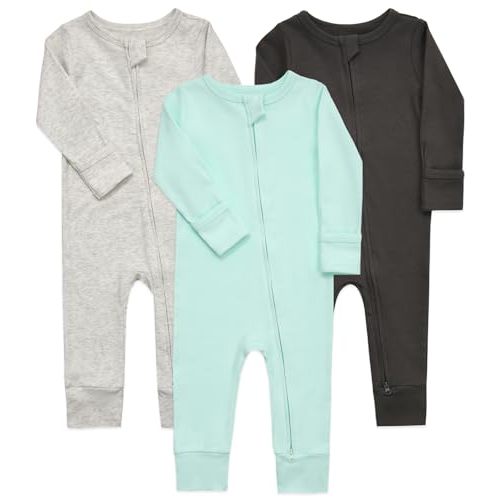Aablexema Baby Cotton Footless Pajamas with Mitten for Newborn - 18 Months | 3-pack Infant Romper Long Sleeve 2-way Zipper One Piece Jumpsuits Outfit for Girls Boys