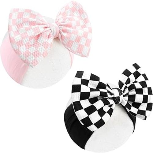 YanJie 2PCS 6’’ Light Pink Bows for Baby Girls Checkered Headband Black Bow Infants Toddler Hair Accessories Newborn Headbands Hair Bow Baby Clothes