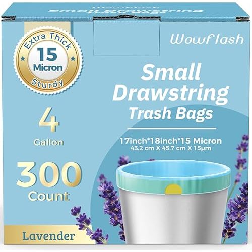 300 Count 15 Micron Extra Thick 4 Gallon Drawstring Small Trash Bags, Sturdy & Tear-Resistant Small Garbage Bags for Bathroom, Office, Bedroom & Kitchen