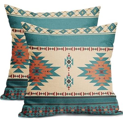 Kawani Western Throw Pillow Covers 18x18 Inch Vintage Turquoise Set of 2 Southwestn Aztec Decorative Pillows Linen Cushion Cover Square Indoor Outdoor Living Room Bedroom Sofa Chair Home Decor (BZ)