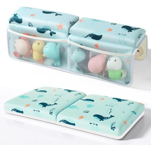SKEFOLI Baby Bath Kneeler and Elbow Rest Pad Set,1.5" Thick Baby Bath Kneeler Pads with Toys Organizer, Pads to Support The Arm, Essentials, Ideal Kneeling Pad for Bathing（Blue）